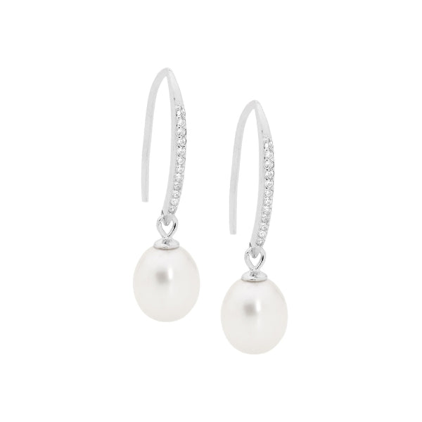 Ellani pearl and CZ hook earrings in sterling silver