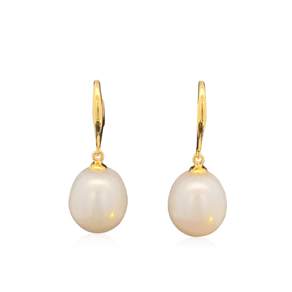 White fresh water pearl hook earrings in 9ct yellow gold