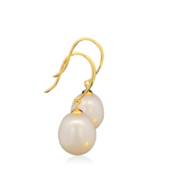 White fresh water pearl hook earrings in 9ct yellow gold