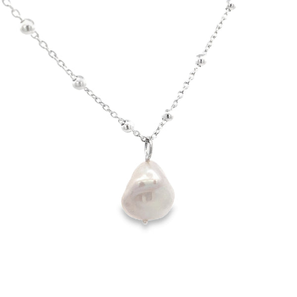 Sterling silver ball chain necklace with white Keshi fresh water pearl - 45cm