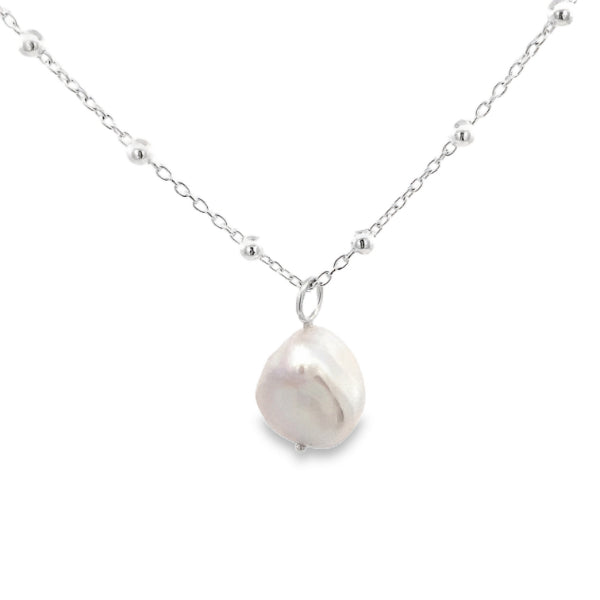 Sterling silver ball chain necklace with white Keshi fresh water pearl - 45cm