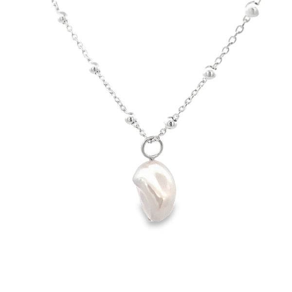 Sterling silver ball chain necklace with white Keshi fresh water pearl - 45cm