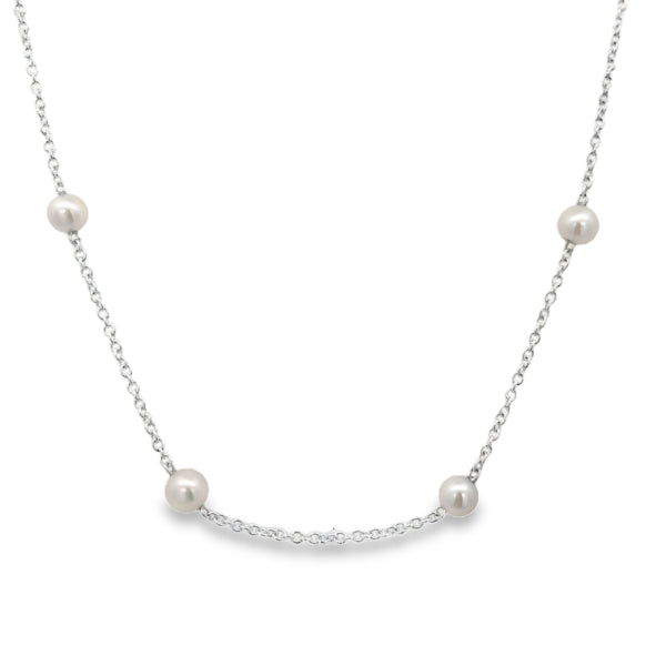 Sterling silver cable chain necklace with white pearls - 42cm + 3cm chain