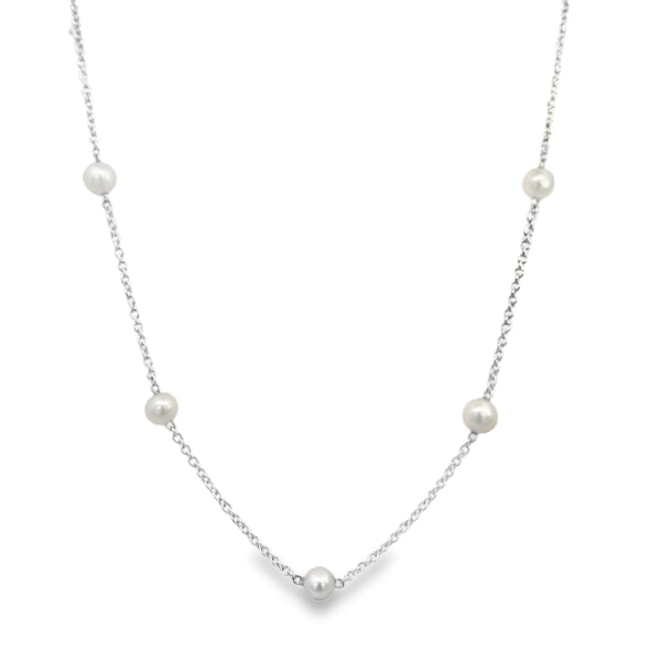 Sterling silver cable chain necklace with white pearls - 42cm + 3cm chain