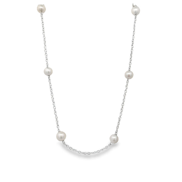 Sterling silver cable chain necklace with white pearls - 42cm + 3cm chain