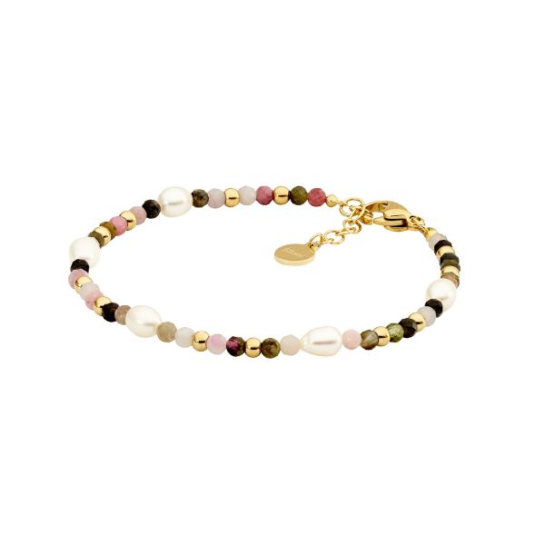 Gold plated stainless steel wire bracelet with Tourmaline & freshwater Pearls