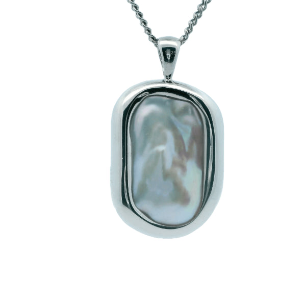 Silver/grey baroque freshwater pearl pendant in sterling silver frame