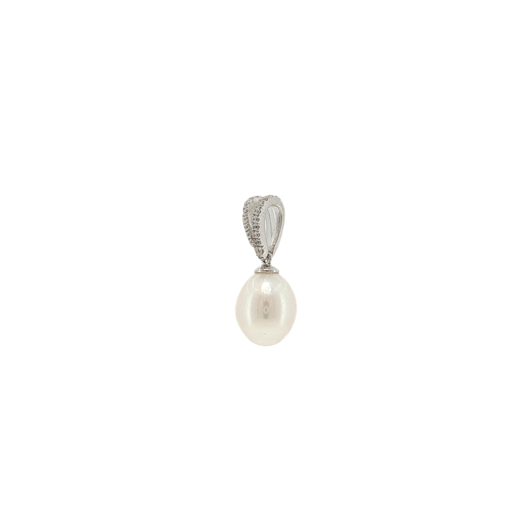 Oval white freshwater pearl pendant with cz set bale in sterling silver