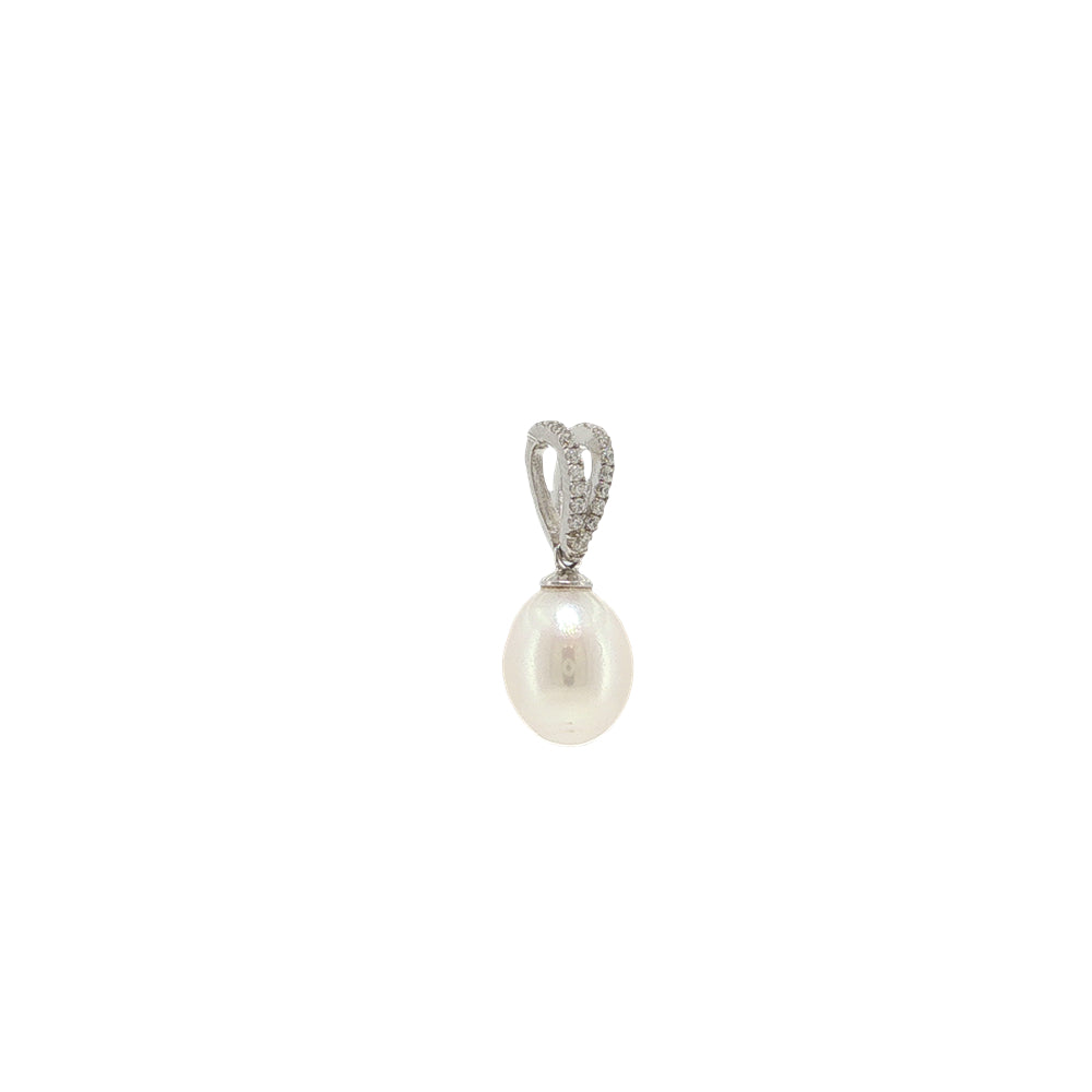 Oval white freshwater pearl pendant with cz set bale in sterling silver