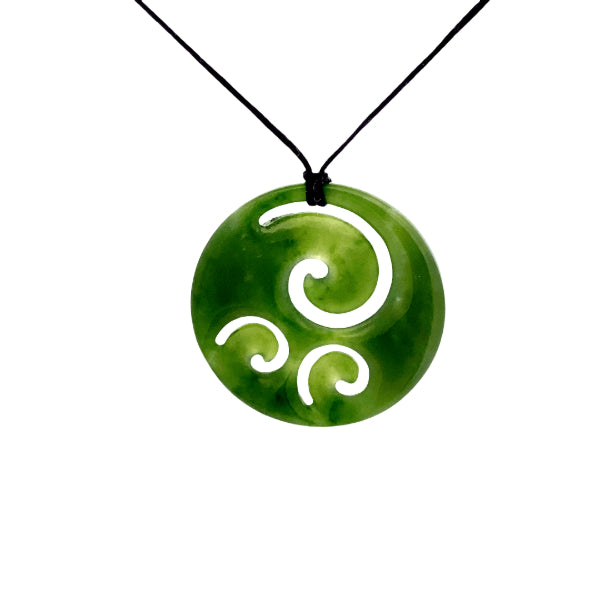 NZ pounamu greenstone medium round pendant with koru on slider cord
