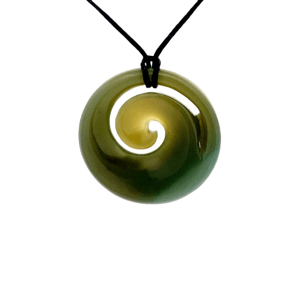 NZ pounamu greenstone koru circle necklace on slider cord