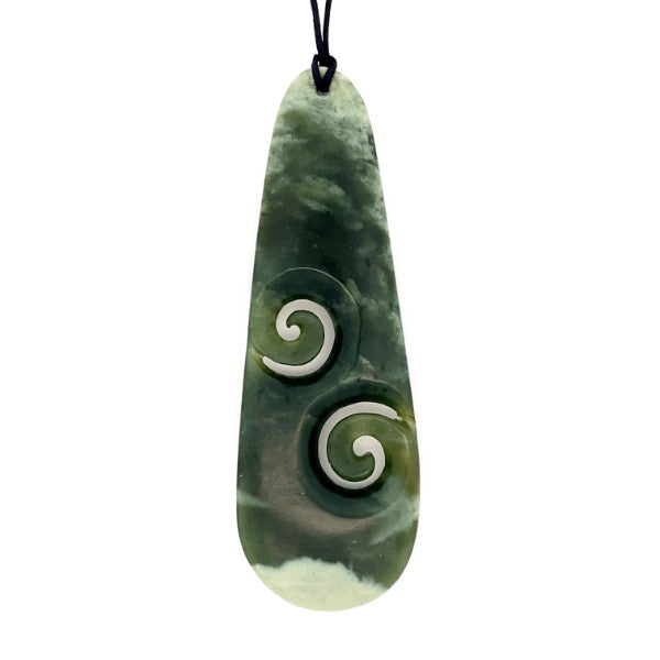 NZ pounamu greenstone drop necklace with double koru