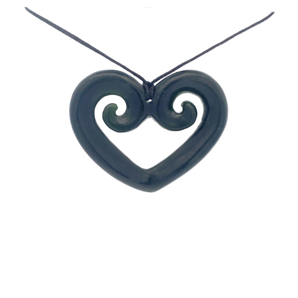 NZ pounamu greenstone heart with koru necklace on slider cord
