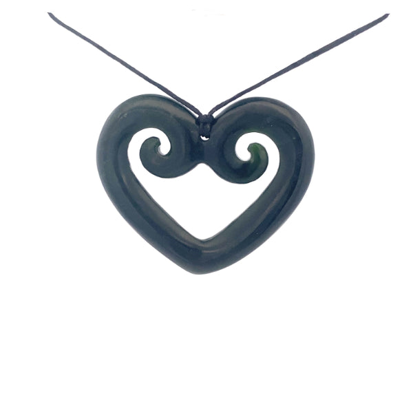 NZ pounamu greenstone heart with koru necklace on slider cord