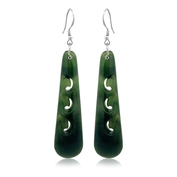 NZ pounamu greenstone koru drop earrings on sterling silver hooks