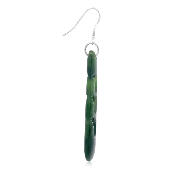 NZ pounamu greenstone koru drop earrings on sterling silver hooks