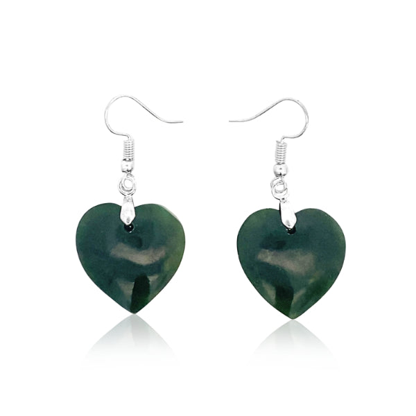 NZ pounamu greenstone heart earrings with silver zulu hooks