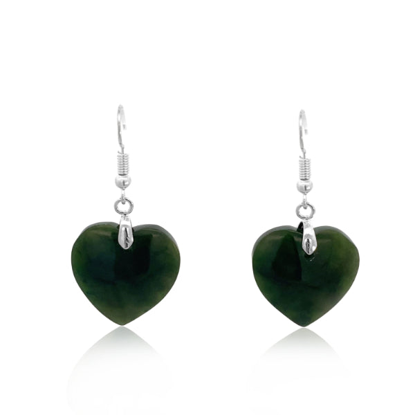 NZ pounamu greenstone heart earrings with silver zulu hooks