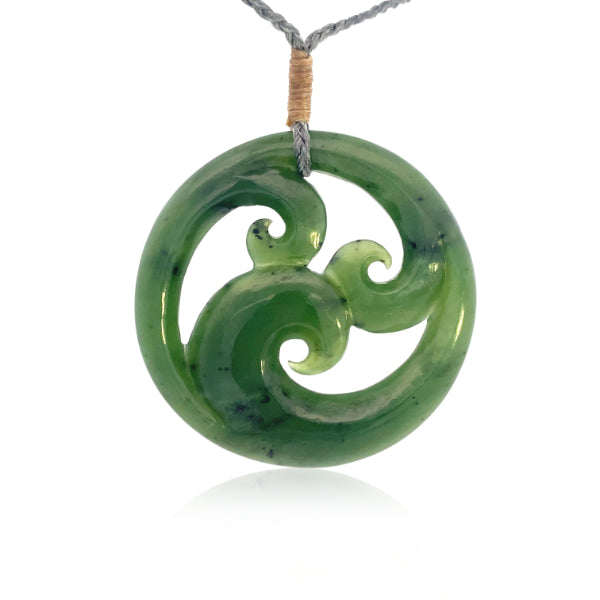 NZ pounamu greenstone circle with triple koru necklace