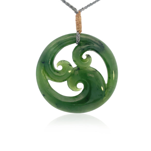 NZ pounamu greenstone circle with triple koru necklace