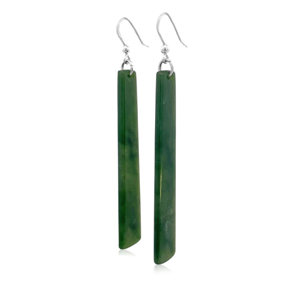 NZ pounamu greenstone flat pole drop earrings on sterling silver hooks