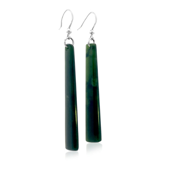 NZ pounamu greenstone angled pole drop earrings on sterling silver hooks