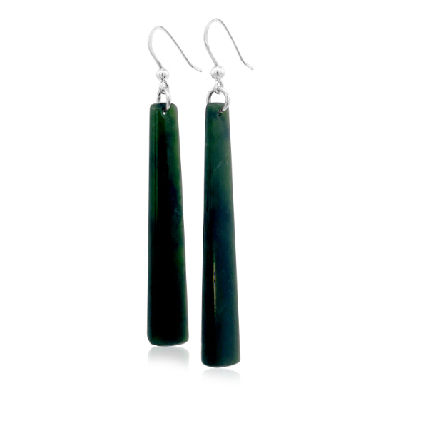 NZ pounamu greenstone angled pole drop earrings on sterling silver hooks