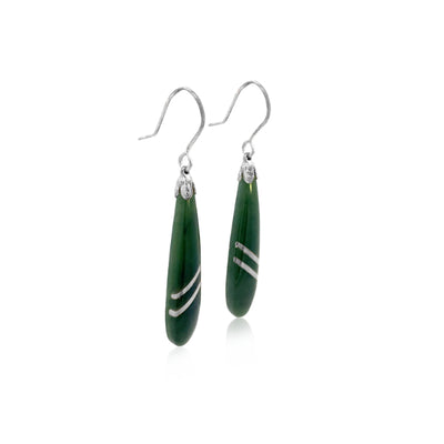 Greenstone drop earrings with silver inlay on sterling silver hooks