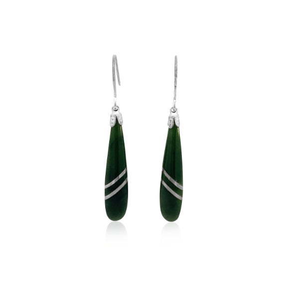 Greenstone drop earrings with silver inlay on sterling silver hooks