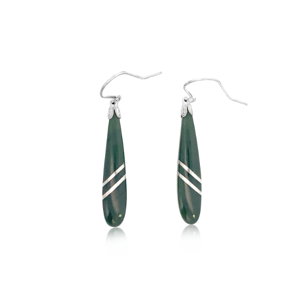 Greenstone drop earrings with silver inlay on sterling silver hooks
