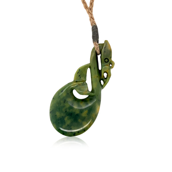 NZ pounamu greenstone manaia necklace on natural plaited cord