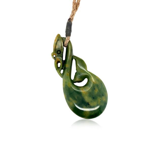 NZ pounamu greenstone manaia necklace on natural plaited cord