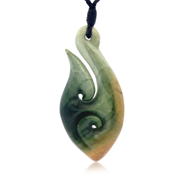 NZ pounamu greenstone flower jade hook necklace with koru