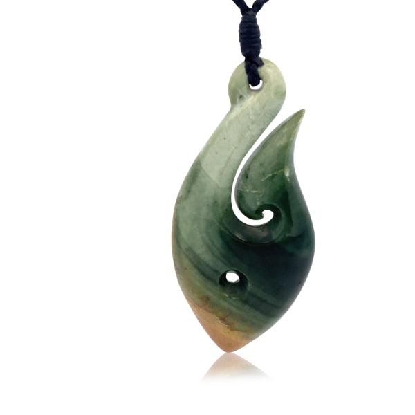 NZ pounamu greenstone flower jade hook necklace with koru