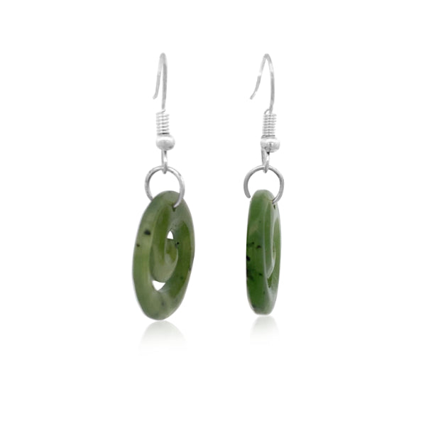 NZ pounamu greenstone koru drop earrings on sterling silver hooks