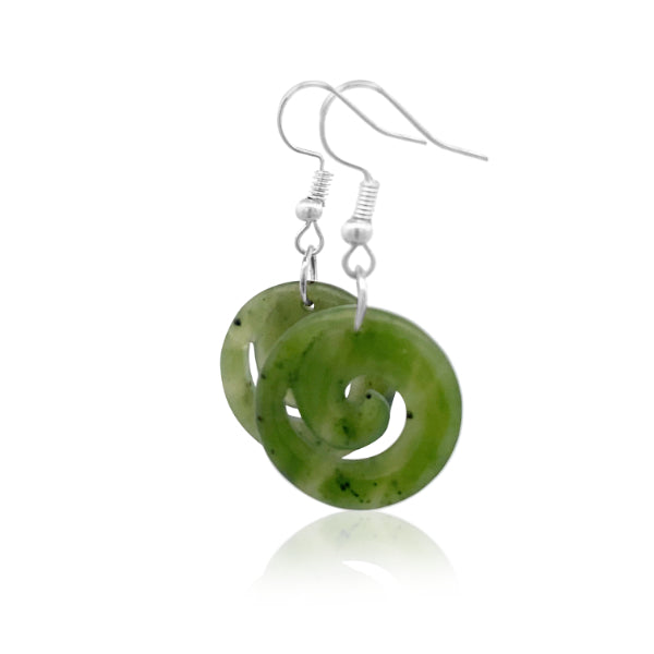 NZ pounamu greenstone koru drop earrings on sterling silver hooks