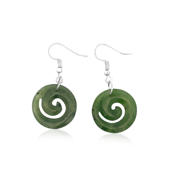 NZ pounamu greenstone koru drop earrings on sterling silver hooks