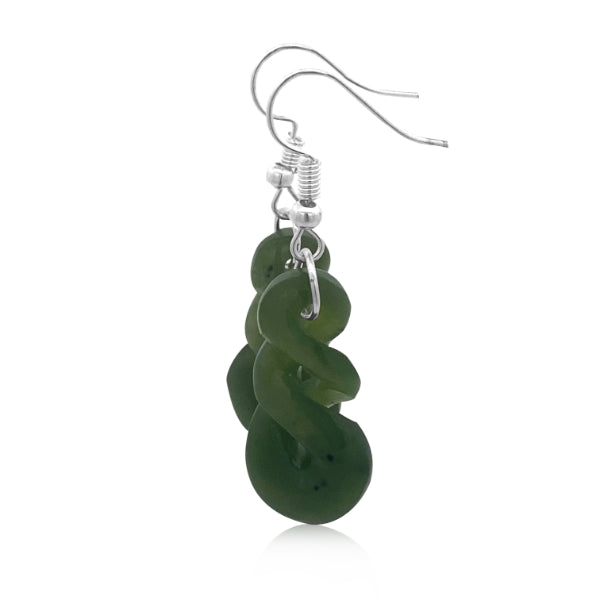 NZ pounamu greenstone triple twist drop earrings on sterling silver hooks