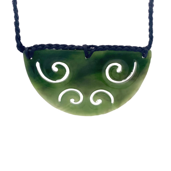 NZ pounamu greenstone breastplate necklace with koru cutouts