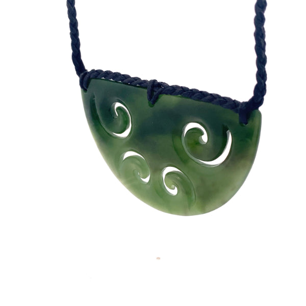 NZ pounamu greenstone breastplate necklace with koru cutouts