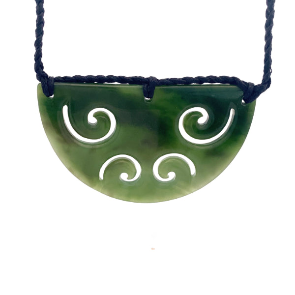 NZ pounamu greenstone breastplate necklace with koru cutouts