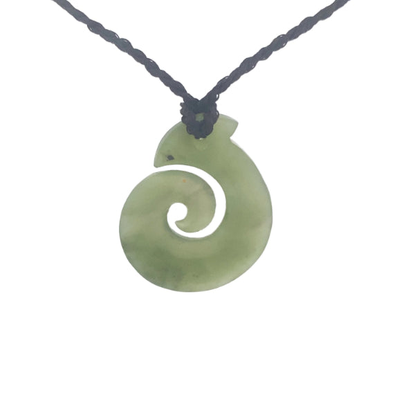NZ pounamu greenstone spiral hook necklace on plaited slider cord