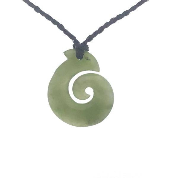 NZ pounamu greenstone spiral hook necklace on plaited slider cord