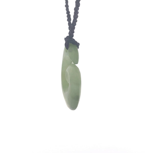 NZ pounamu greenstone spiral hook necklace on plaited slider cord