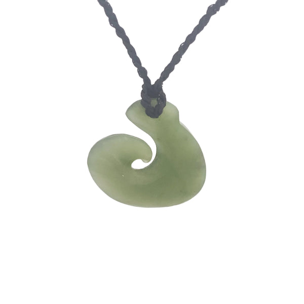 NZ Pounamu greenstone hook necklace on plaited slider cord