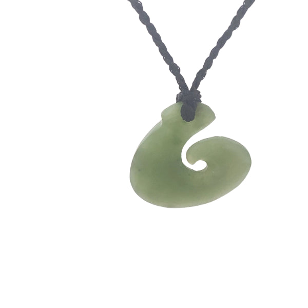 NZ Pounamu greenstone hook necklace on plaited slider cord