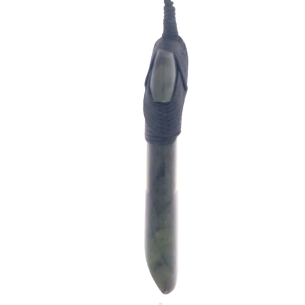 NZ pounamu greenstone bound toki on plaited slider cord