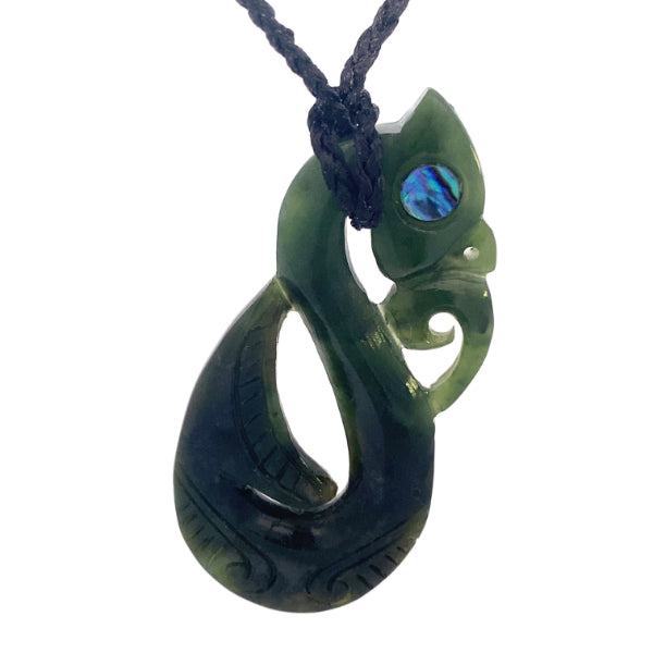 NZ pounamu greenstone carved manaia with paua eye on plaited slider