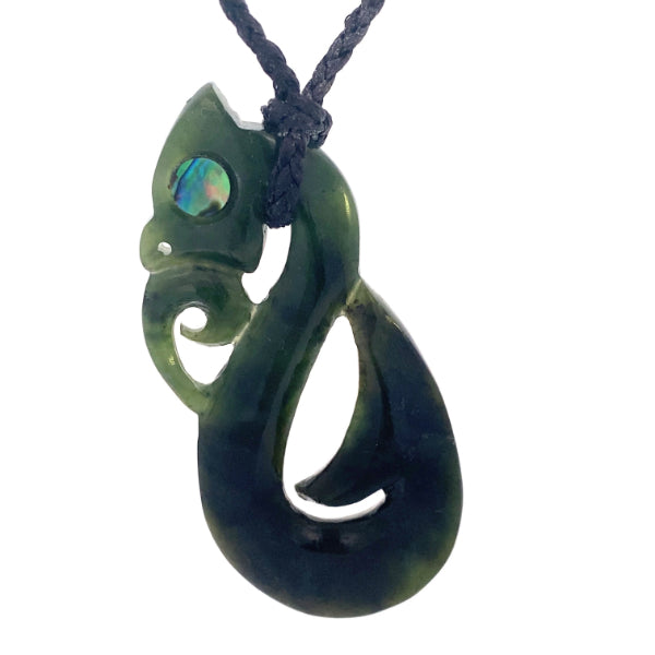 NZ pounamu greenstone carved manaia with paua eye on plaited slider