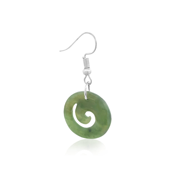NZ pounamu greenstone koru circle earrings on silver hooks